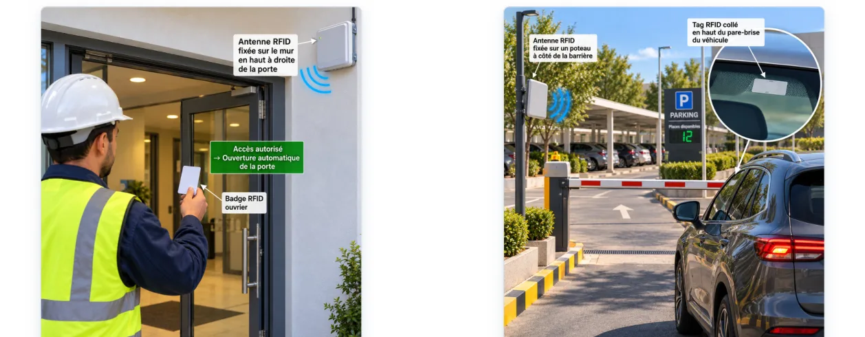 Un lecteur à côté d'une porte et un tag pare-brise à une barrière de parking